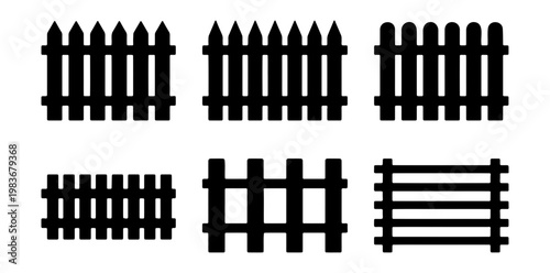 Wooden fence silhouette icons, 6 picket fence vector elements, garden boundary set