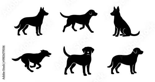 Black dog silhouettes set, 6 canine breed icons, domestic pet animal vector collection