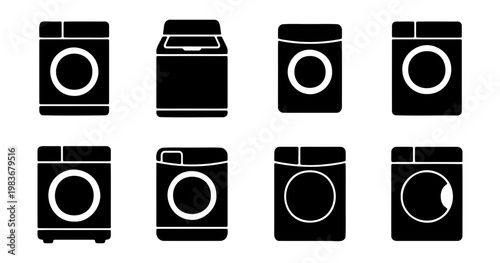 Washing machine icon set, black laundry appliance vectors, 8 household washer symbols