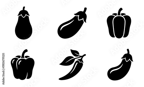 Black vegetable icon set, 6 organic eggplant and pepper silhouettes, flat food vector