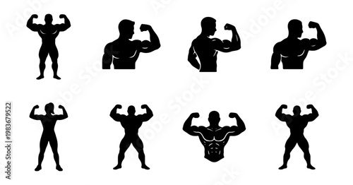 Bodybuilder silhouette icons, 8 muscular male fitness vectors, gym athlete poses set