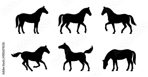 Black horse silhouettes set, 6 equestrian animal vectors, stallion running and grazing