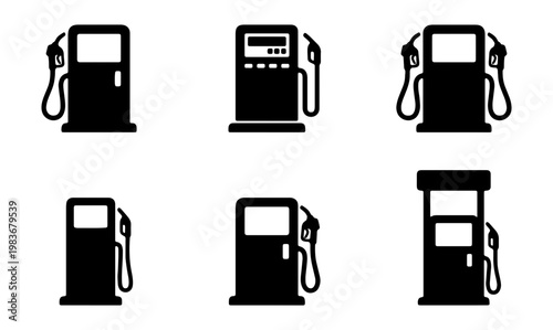 Gas station icon set, 6 fuel pump vector silhouettes, petrol station symbols for maps