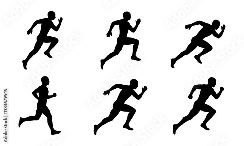 Running man silhouette set, sprinter athlete motion vector, jogging person icons