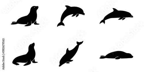 Foto Marine animal silhouettes, dolphin and seal vector set, aquatic wildlife icons c