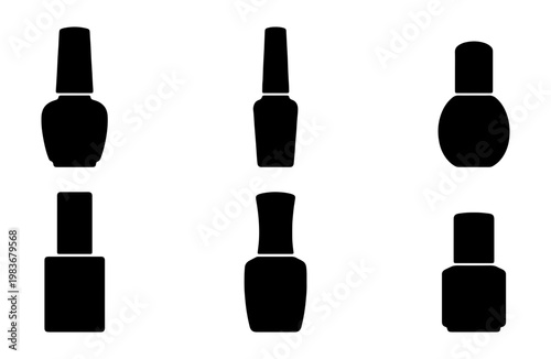 Nail polish bottle silhouettes, 6 cosmetic icons, black manicure product vector set