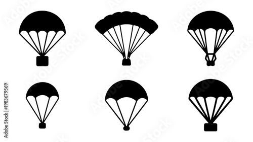 Parachute silhouette icons set, black skydive symbols, 6 vector paragliding elements