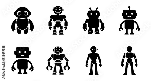 Robot icon set with 8 black silhouettes. Futuristic android and cyborg vector elements.