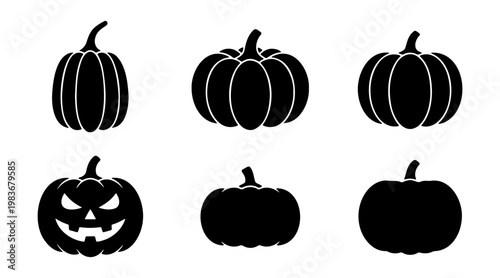 Halloween pumpkin silhouette icons set, spooky jack o lantern vector, autumn squash art