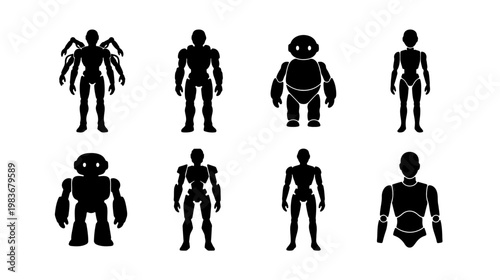 Futuristic robot silhouette icons, 8 humanoid cyborg vector set, black android avatars