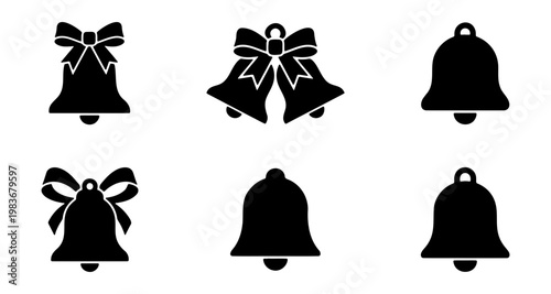 Christmas bell icon set, black holiday jingle bells with bows, 6 vector bell silhouettes