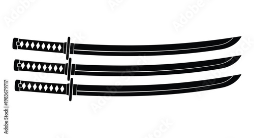 A striking depiction showcases three traditional japanese katanas arranged diagonally their blades and hilts sharply defined in silhouette high quality professional detailed modern elegant