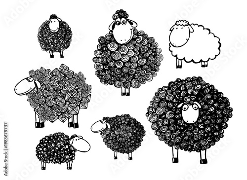 Funny sheep objects . Hand drawn. Not AI, vector illustration.