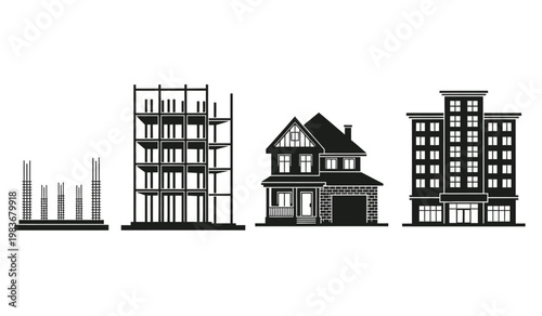 This image depicts the progression of house construction from foundation to finished building shown as a stark silhouette high quality professional detailed modern elegant