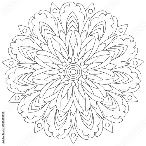 Mandala flower anti stress for adult and children coloring page. Black and white botanical vector illustration with symmetrical design for print.