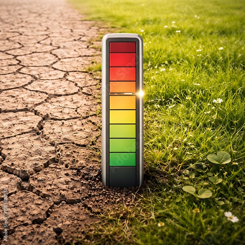 Colorful rating meter standing on grass and cracked earth showing contrast