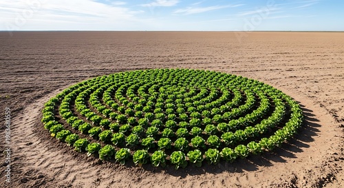 A large circular pattern of green lettuce plants growing in a field