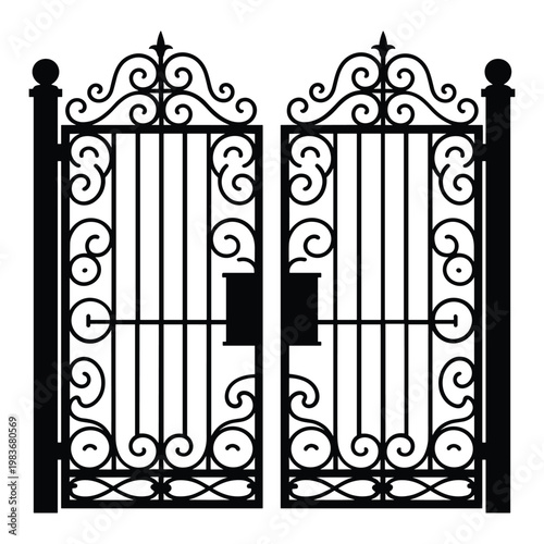 Decorative iron gates with intricate scrollwork and finials isolated on white background, Vector