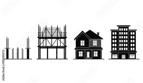 This graphic illustrates the stages of building construction from initial foundation to completed skyscraper in silhouette high quality professional detailed modern elegant stylish clean