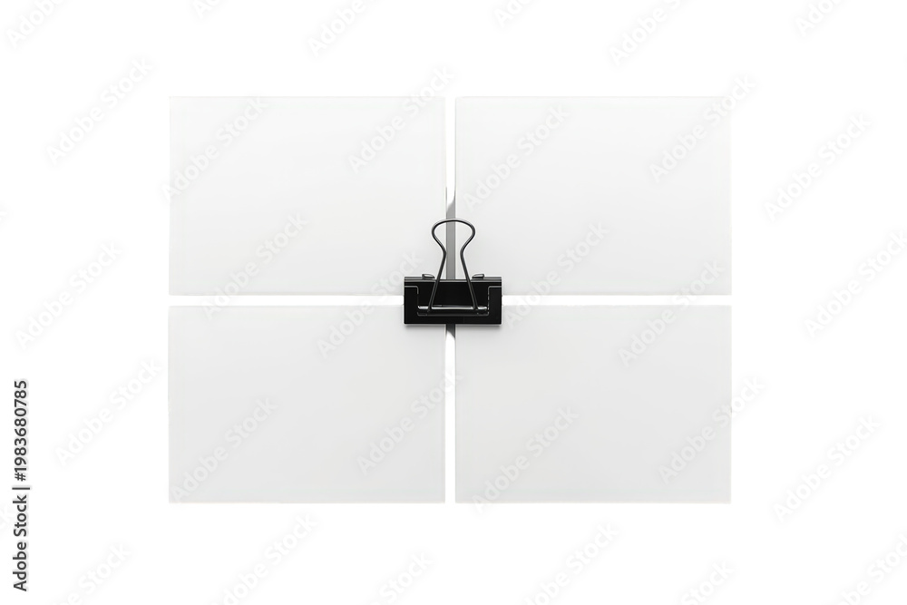 Fototapeta premium Four blank white square paper notes held by a black binder clip, creating a grid for business, office, or creativity with transparent background