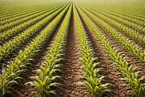 Young corn plants growing in a vast agricultural field with neat rows