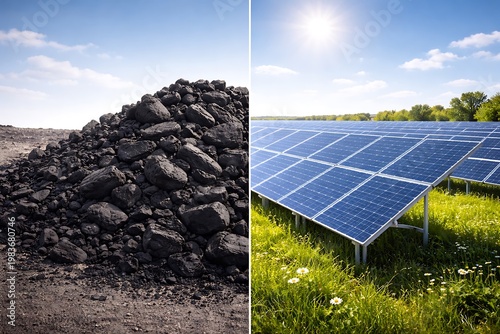 Coal pile and solar panels represent contrasting energy sources