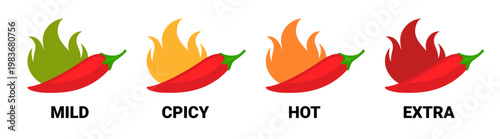 Spicy pepper level hot icon. Spice chili sauce logo heat fire indicator meter sticker. Red pepper flavor emblem.