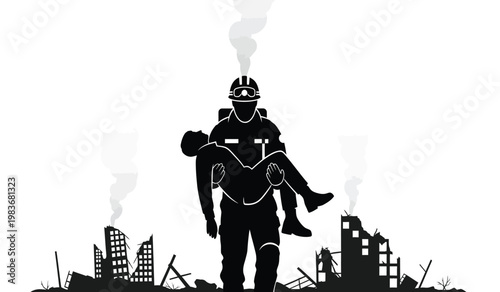 A firefighter bravely carries an unconscious person away from a burning cityscape showcasing heroism amidst destruction a striking silhouette high quality professional detailed modern