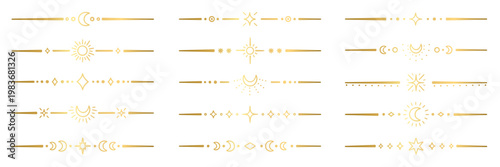 Gold line separators and tarot dividers with moon, magic stars and sun. Golden frame and astrology celestial text border with mystical ornament. Vector illustration isolated on transparent background