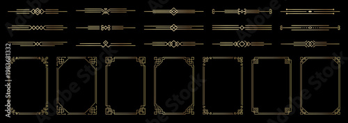 Gold photo frame and text dividers. Deco , glowing geometric boarder and vintage separators set for wedding invitations. Decorative elements with golden line ornament.