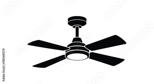 A stark black silhouette depicts a modern ceiling fan with four blades showcasing its design and functionality in isolation silhouette high quality professional detailed