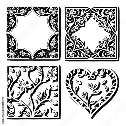 Intricate black and white floral and botanical embroidery patterns on fabric isolated on white background, Vector
