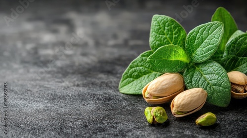 Fresh pistachios with mint leaves on dark background; food photography for recipe websites