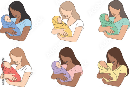 A diverse group of mothers holding their newborn babies on transparent background