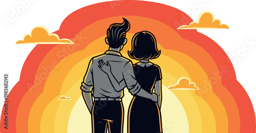 A loving couple embracing each other while watching a vibrant sunset on transparent background