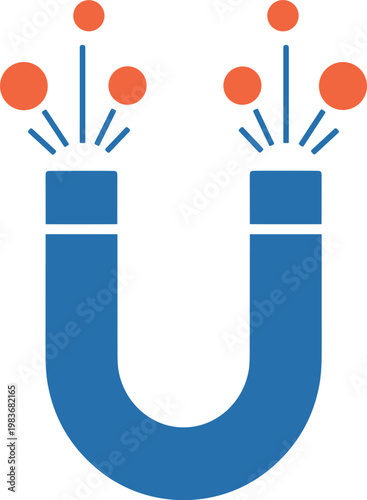 A blue magnet attracting orange balls on transparent background