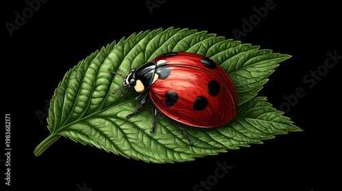 Ladybug on leaf, nature macro, black background, insect illustration, nature print