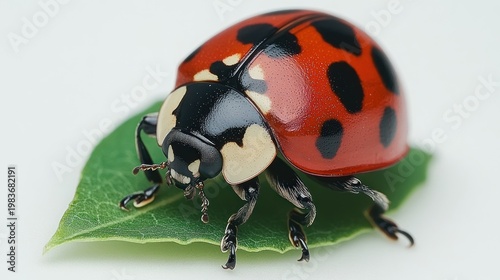 Ladybug on leaf, close-up, white background, nature