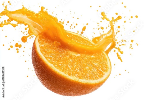 Vibrant Orange Half with Dynamic Juice Splash on White Background.