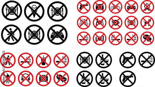 Collection of prohibition icons with red and black crossed symbols showing restricted food smoking devices and activities isolated on white background for safety signage design