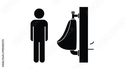 A stark depiction showcases a male figure standing before a public restroom urinal rendered as a flat silhouette high quality professional detailed modern elegant