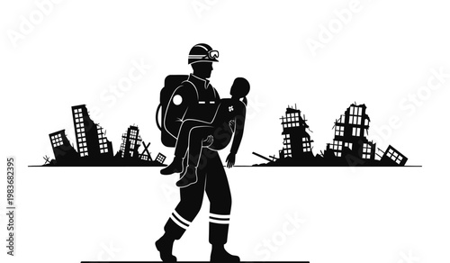 A rescuer carries an injured person through a ruined cityscape evoking themes of disaster relief and human compassion a striking silhouette high quality professional