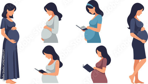 A pregnant woman in various poses on transparent background