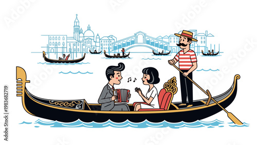 A romantic couple enjoys a serene gondola ride in Venice on transparent background