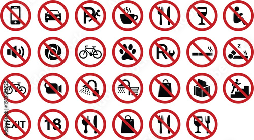 Collection of prohibition icons with red crossed symbols showing restricted activities like parking smoking pets food and devices isolated on white background for signage design