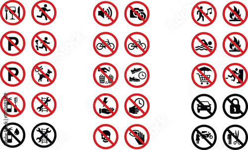 Collection of prohibition warning icons with red crossed symbols for safety rules restrictions and forbidden actions isolated on white background for signage design