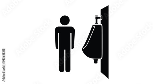 A stark black silhouette depicts a man standing near a public restroom urinal emphasizing a common facility with a simple silhouette high quality professional