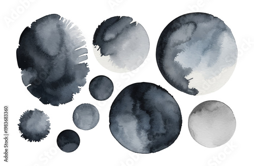 фотографія Watercolor ink stain abstract circle shapes monochrome gray wash texture organic