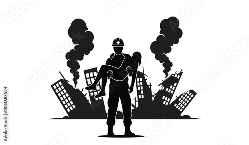 A firefighter bravely carries an unconscious person away from burning ruins and billowing smoke depicted as a striking silhouette high quality professional detailed modern