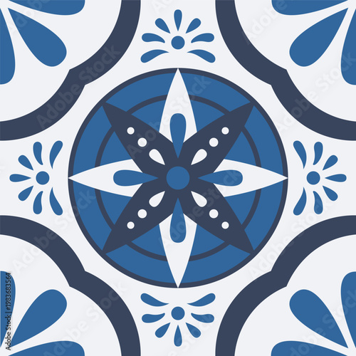 Traditional mexican and portuguese porcelain ceramic tile patterns. Azulejo, talavera mediterranean patchwork tile vector illustration set